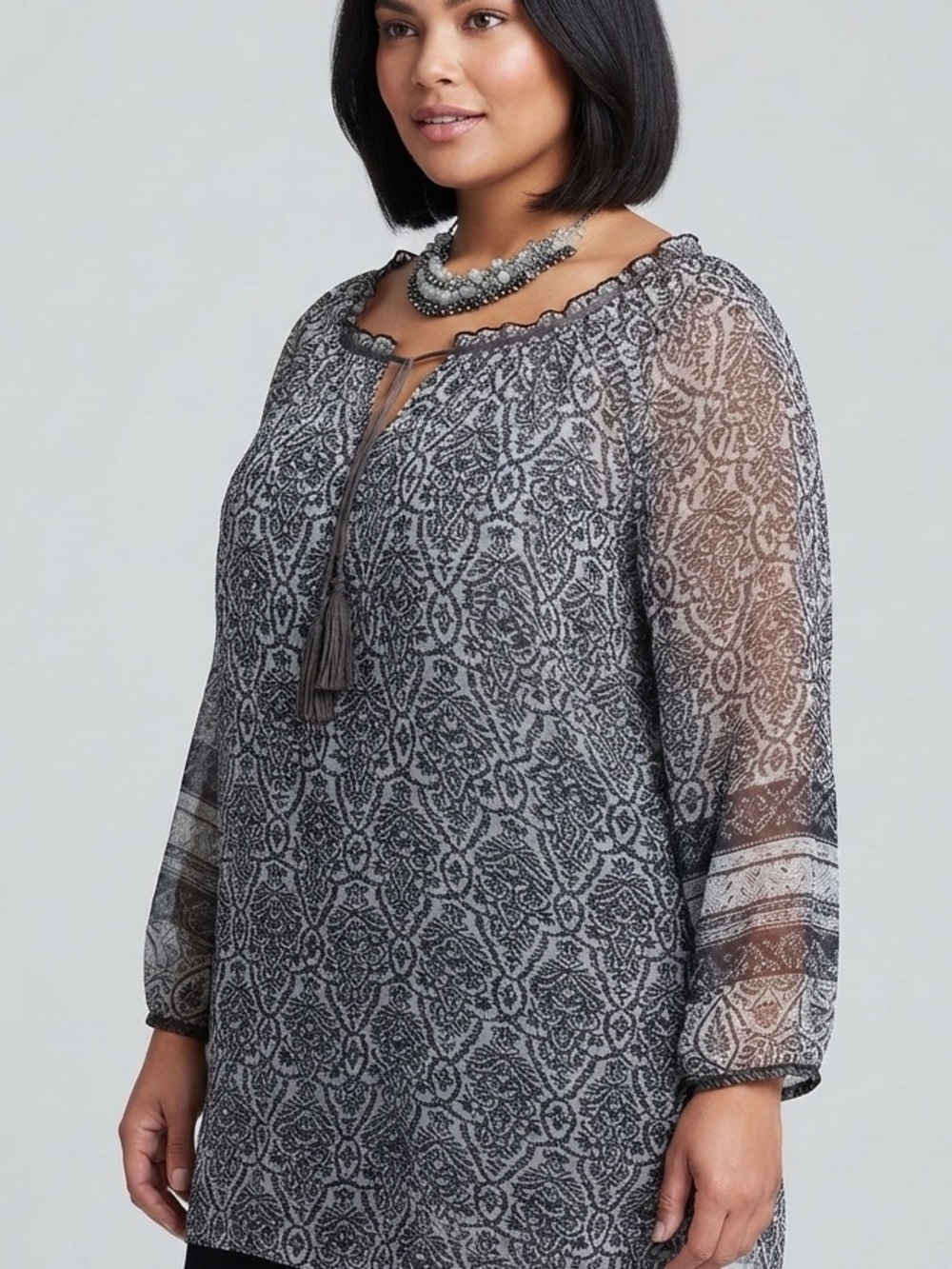 REITMANS Boho Tassel Peasant Top - Black & Cream